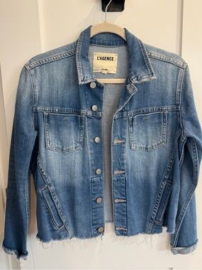 L'AGENCE Faded Blue Denim Jacket with Frayed Hem